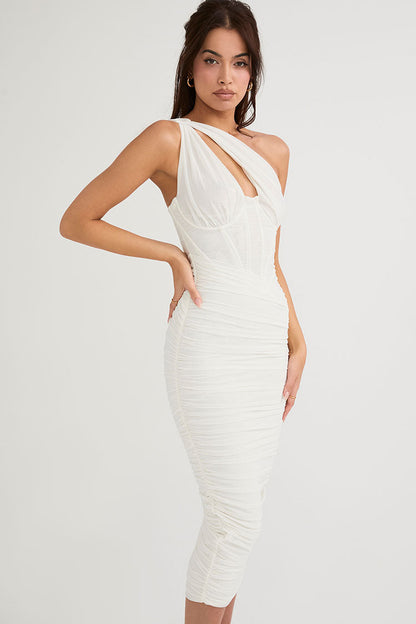 One Shoulder Cutout Mesh Corset Bodice Ruched Bodycon Midi Dress