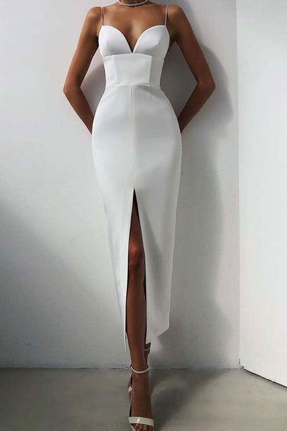 Spaghetti Strap Sweetheart Deep V High Slit Bodycon Midi Dress