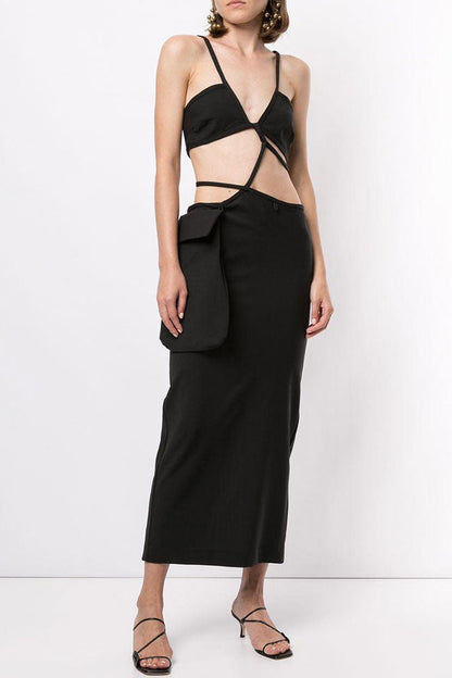 Spaghetti Strap Crisscross Midriff Cutout Flap Pocket Maxi Dress