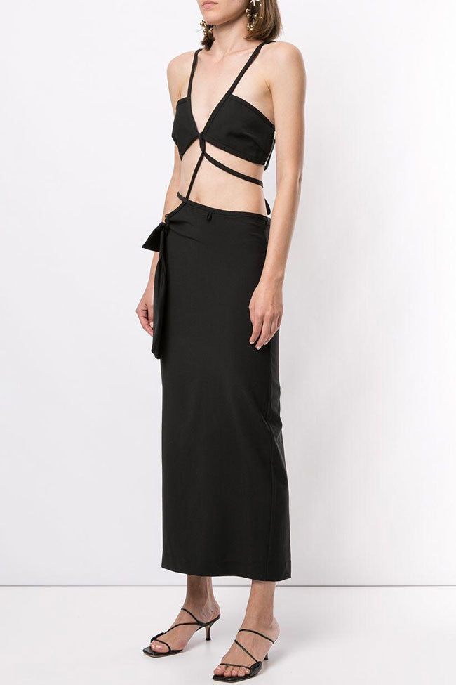 Spaghetti Strap Crisscross Midriff Cutout Flap Pocket Maxi Dress