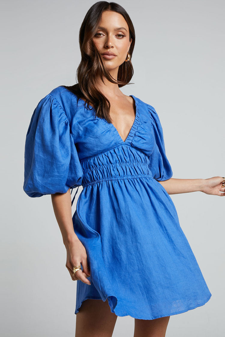 Deep V-Neck Puff Sleeve Smocked Waist Linen Look Mini Dress