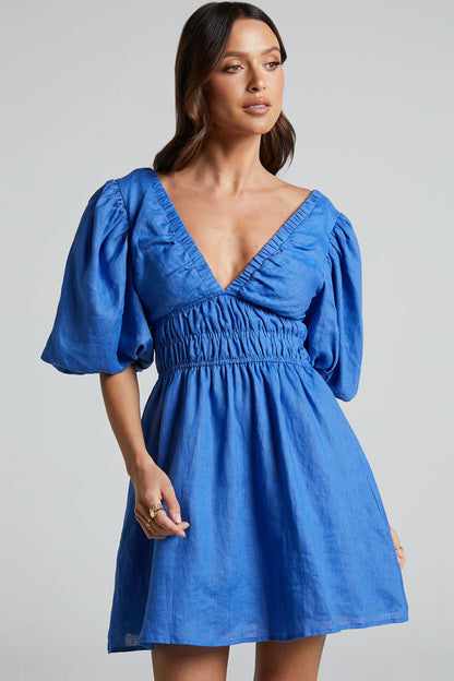 Deep V-Neck Puff Sleeve Smocked Waist Linen Look Mini Dress