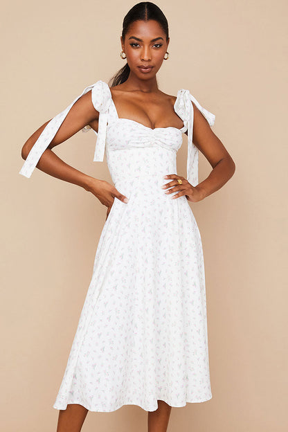 Ditsy Floral Tie Strap Sweetheart Neck High Slit Fit Flare Midi Dress