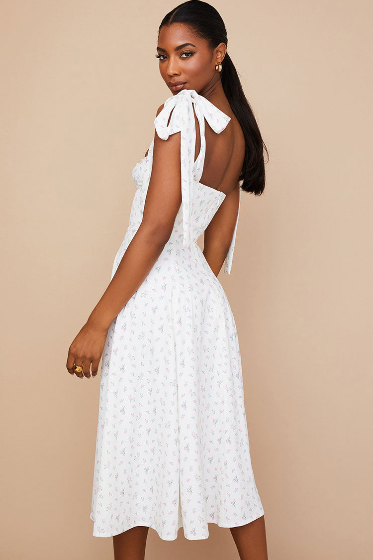 Ditsy Floral Tie Strap Sweetheart Neck High Slit Fit Flare Midi Dress