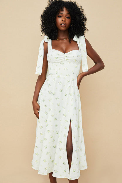 Ditsy Floral Bow Strap Sweetheart Ruched Bust High Slit Midi Dress