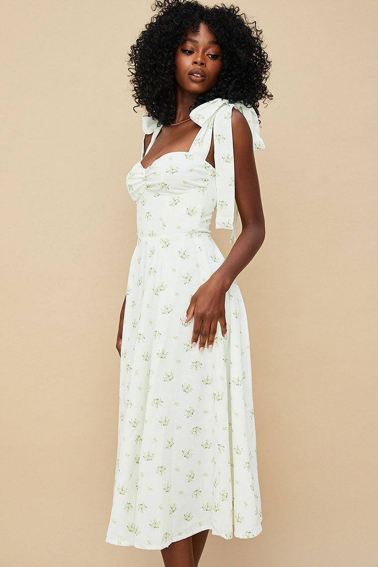 Ditsy Floral Bow Strap Sweetheart Ruched Bust High Slit Midi Dress