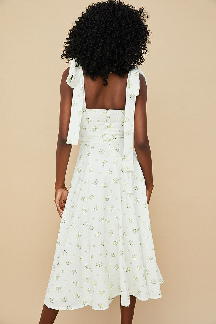 Ditsy Floral Bow Strap Sweetheart Ruched Bust High Slit Midi Dress