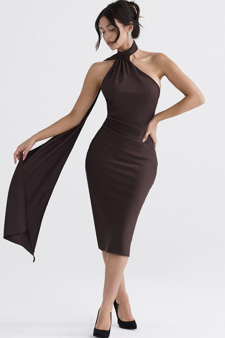 Halter Wrap Neck Draped Ruched Asymmetric Hem Satin Midi Dress