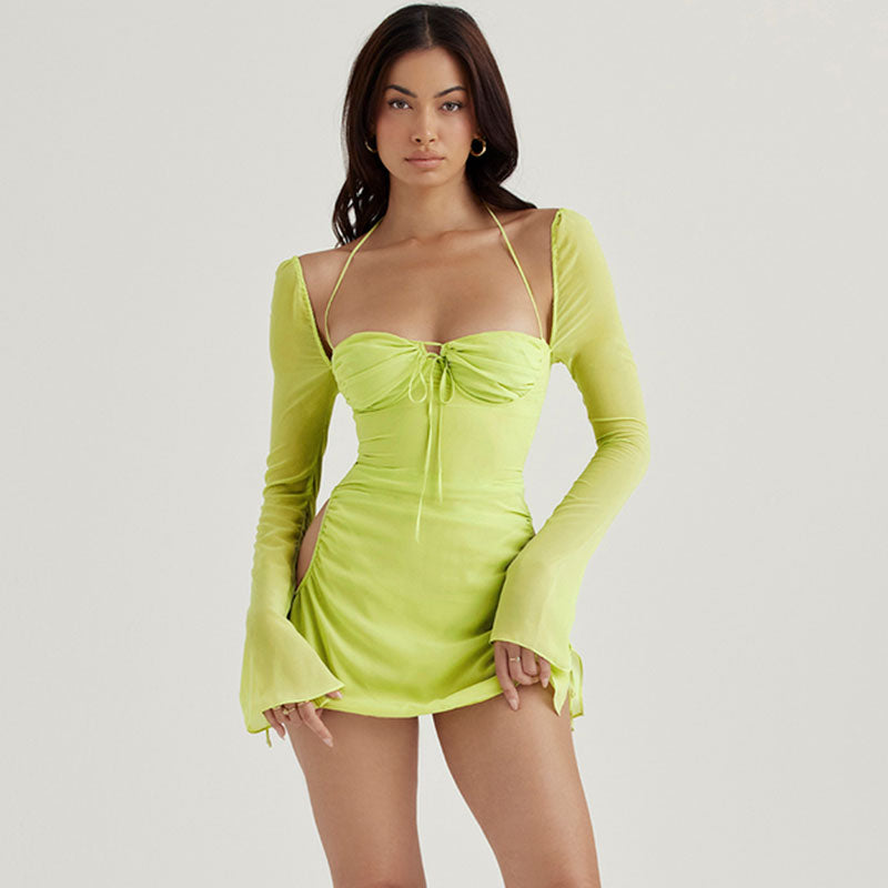 Halter Tie Strap Ruched Cutout Sheer Sleeve Mini Dress