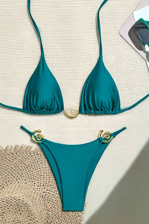 Sexy Halterneck Lace-up Metallic Stretch Two-piece Bikini Swimsuit