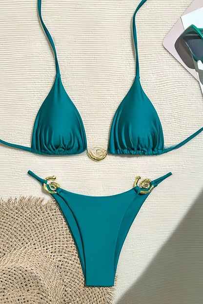 Sexy Halterneck Lace-up Metallic Stretch Two-piece Bikini Swimsuit