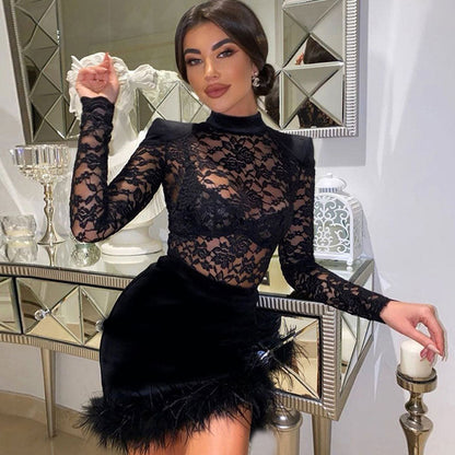 High Neck Long Sleeve Floral Lace Panel Feather Trim Mini Dress