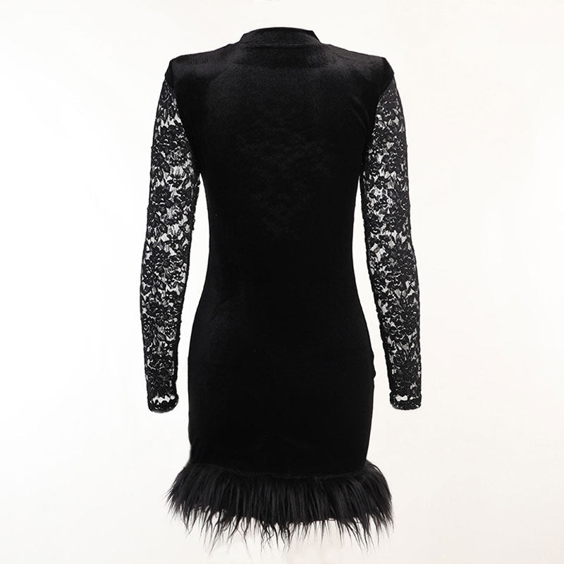High Neck Long Sleeve Floral Lace Panel Feather Trim Mini Dress