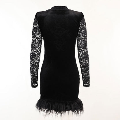 High Neck Long Sleeve Floral Lace Panel Feather Trim Mini Dress