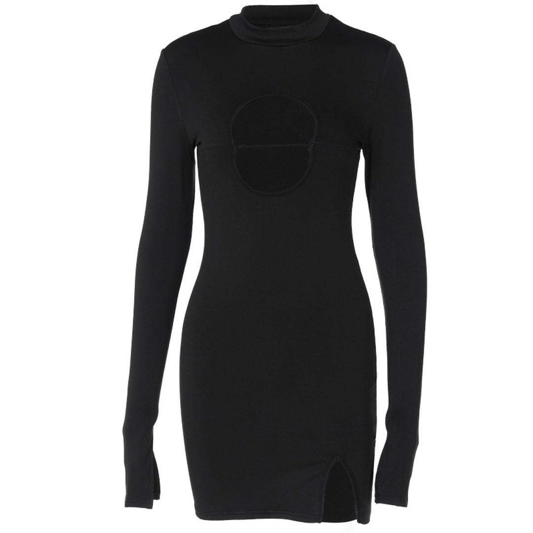 High Neck Long Sleeve Side Split Cutout Mini Dress
