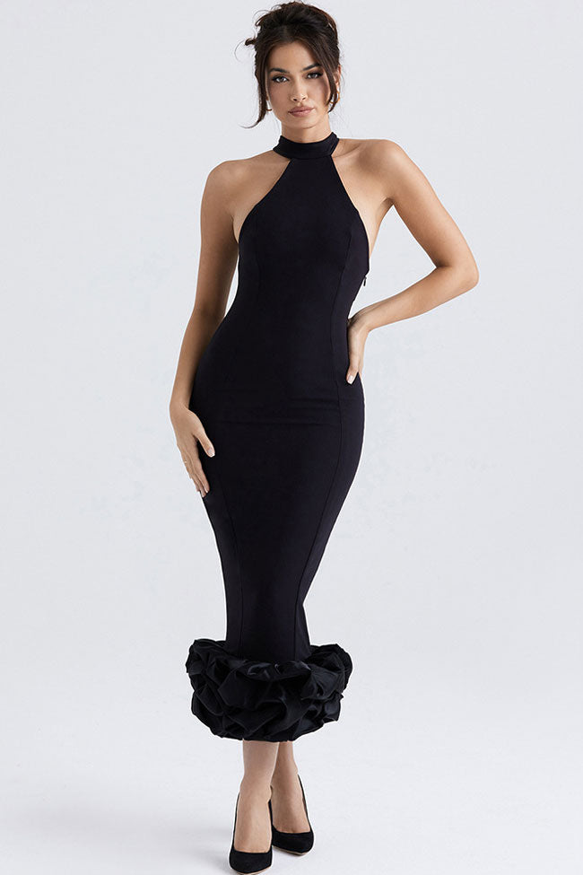 Halter Choker Neck Sleeveless Ruffle Hem Mermaid Midi Dress