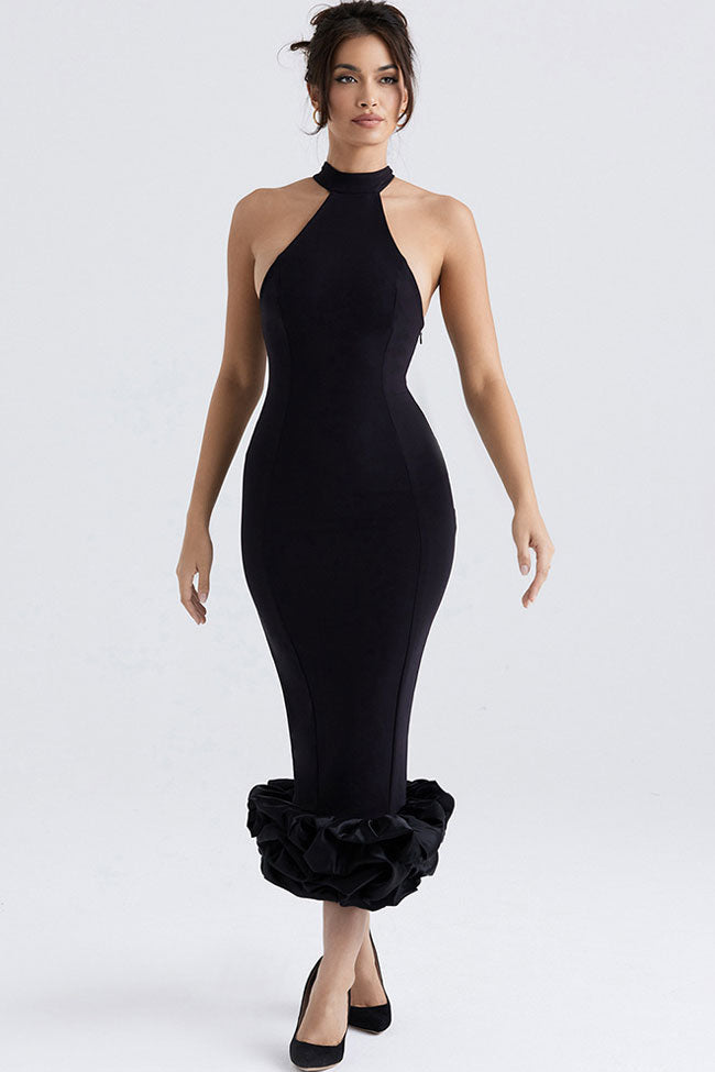 Halter Choker Neck Sleeveless Ruffle Hem Mermaid Midi Dress