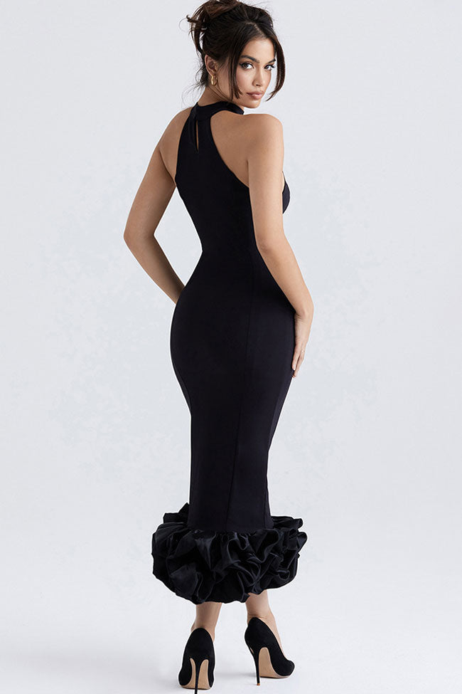 Halter Choker Neck Sleeveless Ruffle Hem Mermaid Midi Dress