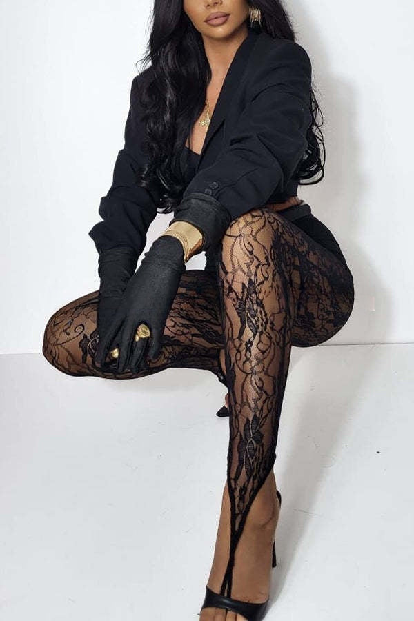 Chic Style Floral Lace See-through High Rise Elastic Waist Tapered Pants