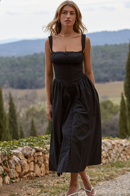 Square Neck Lace Trim Button Front Fit and Flare Midi Dress