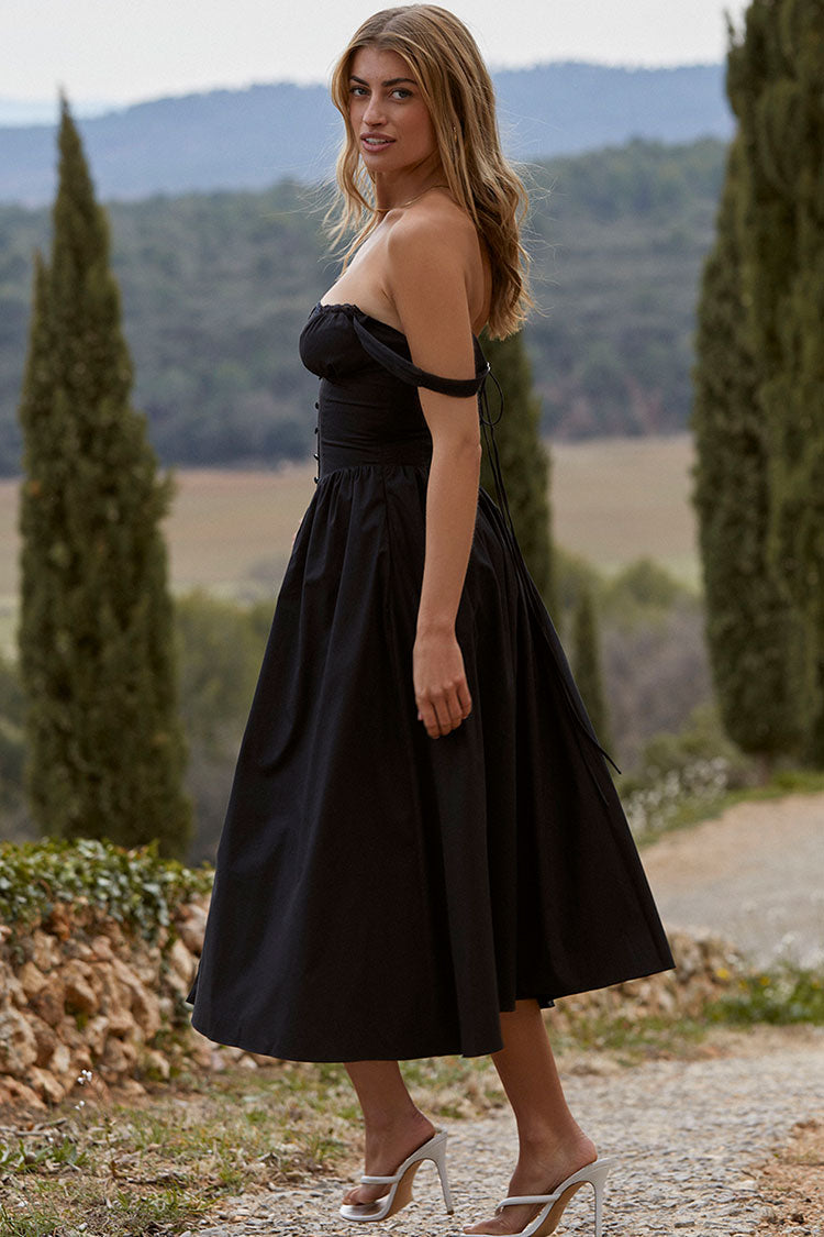 Square Neck Lace Trim Button Front Fit and Flare Midi Dress