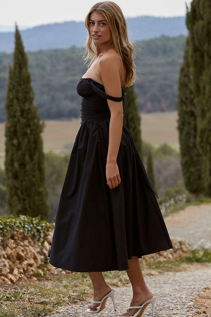 Square Neck Lace Trim Button Front Fit and Flare Midi Dress