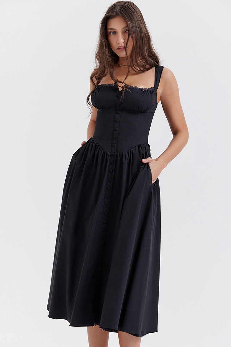 Square Neck Lace Trim Button Front Fit and Flare Midi Dress