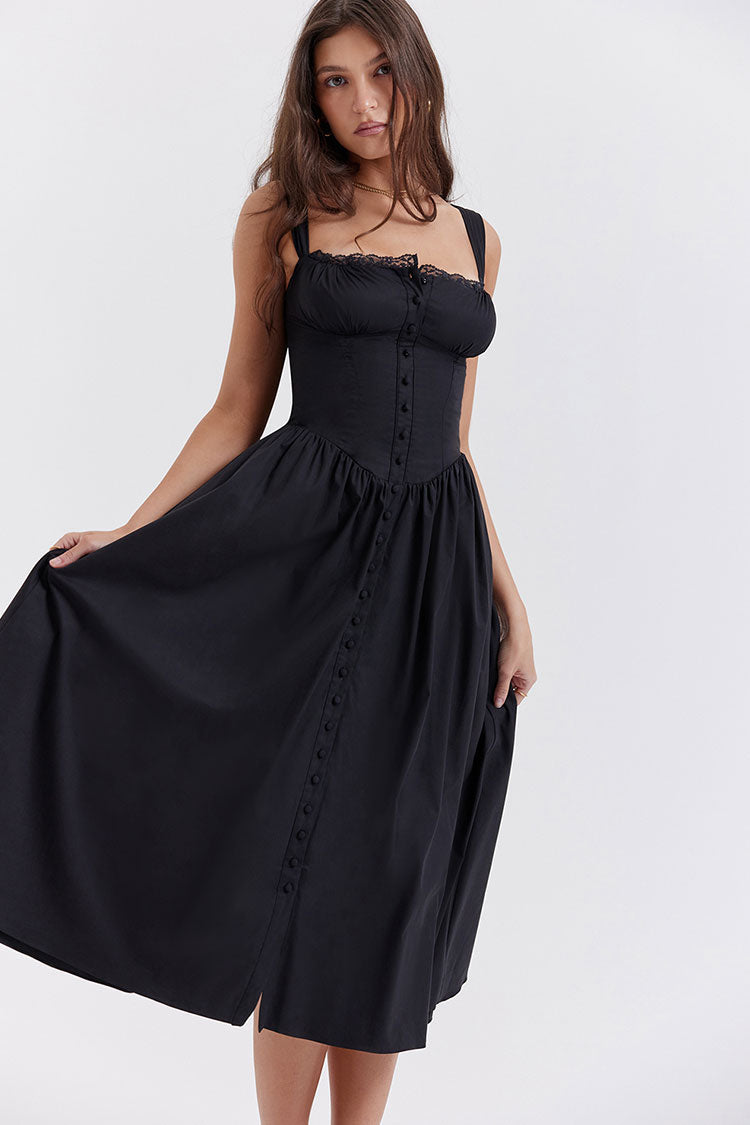Square Neck Lace Trim Button Front Fit and Flare Midi Dress