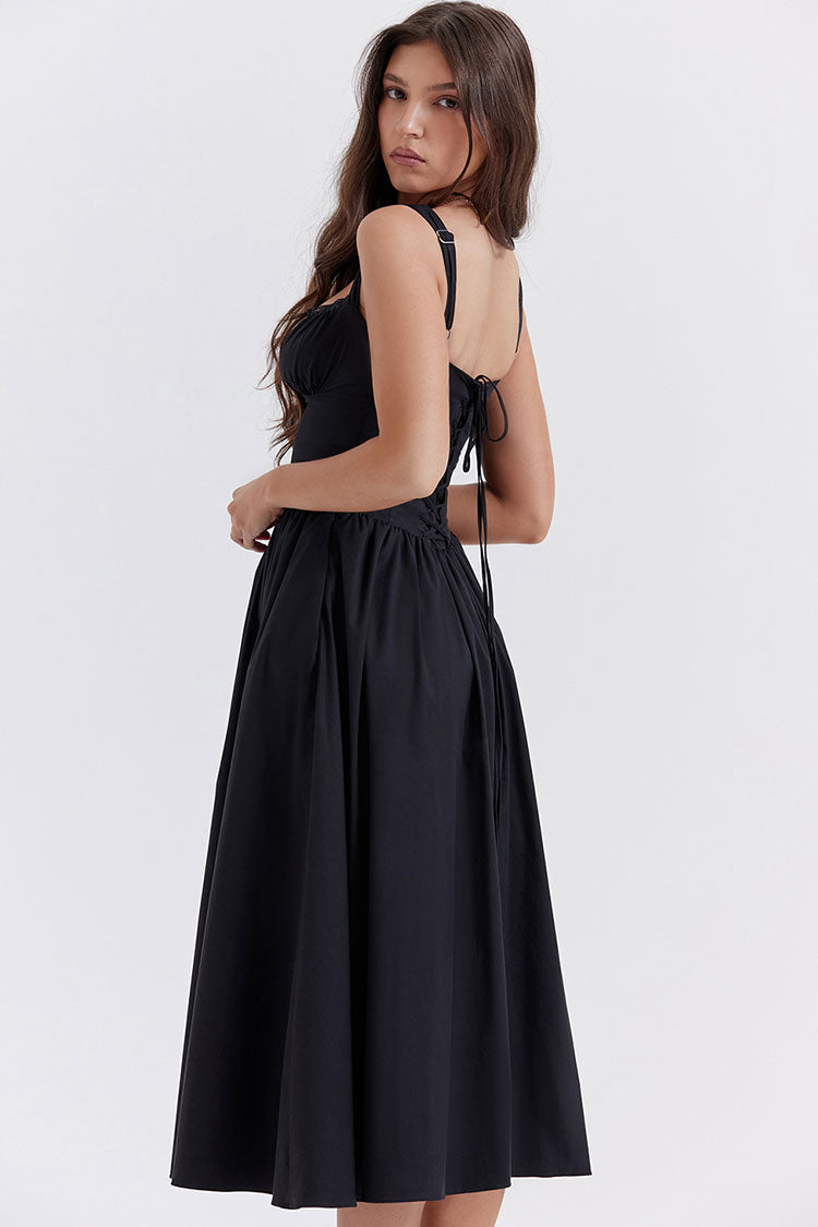 Square Neck Lace Trim Button Front Fit and Flare Midi Dress