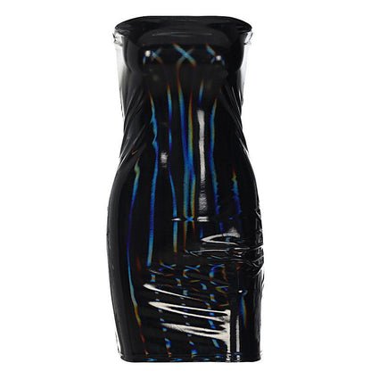 Glossy Strapless Tube Neck Iridescent Bodycon Mini Dress