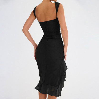 Crew Neck Sleeveless Mesh All Over Ruched Asymmetric Ruffle Slit Midi Dress