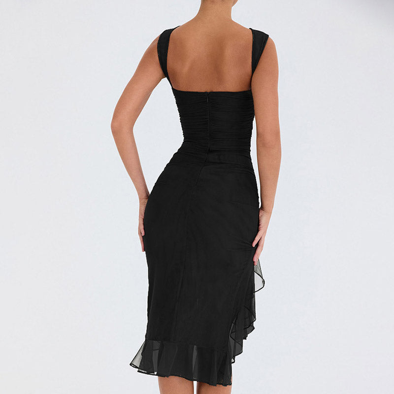 Crew Neck Sleeveless Mesh All Over Ruched Asymmetric Ruffle Slit Midi Dress