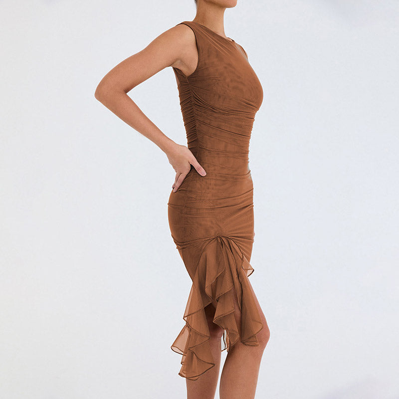 Crew Neck Sleeveless Mesh Horizontal Ruched Cascading Tiered Ruffle Hem Midi Dress