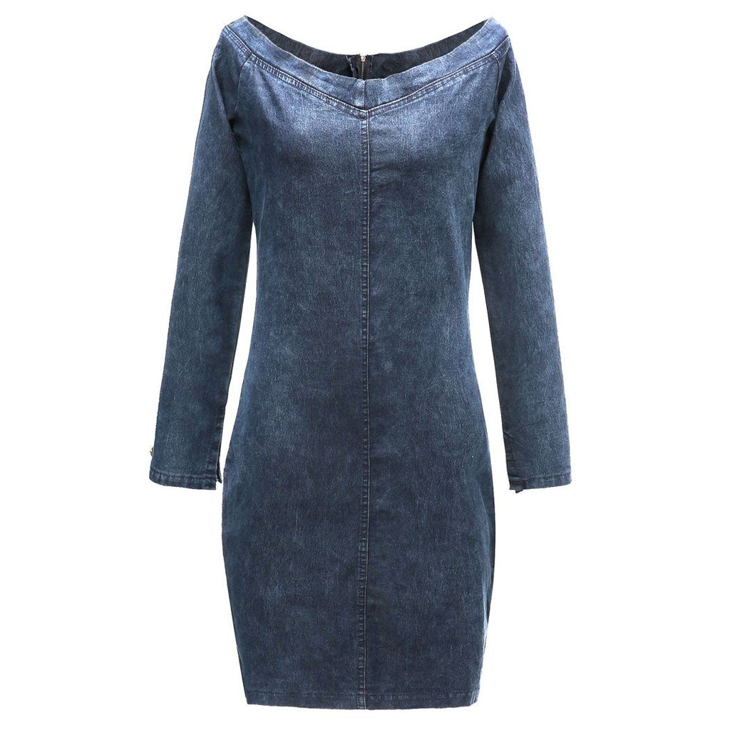 Off Shoulder Long Sleeve Center Seam Denim Bodycon Mini Dress