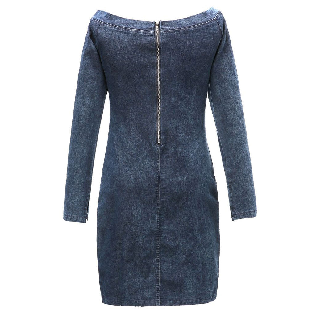 Off Shoulder Long Sleeve Center Seam Denim Bodycon Mini Dress