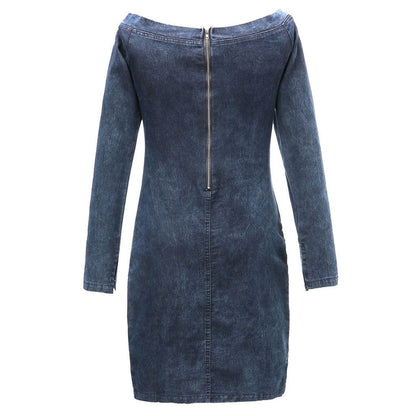 Off Shoulder Long Sleeve Center Seam Denim Bodycon Mini Dress