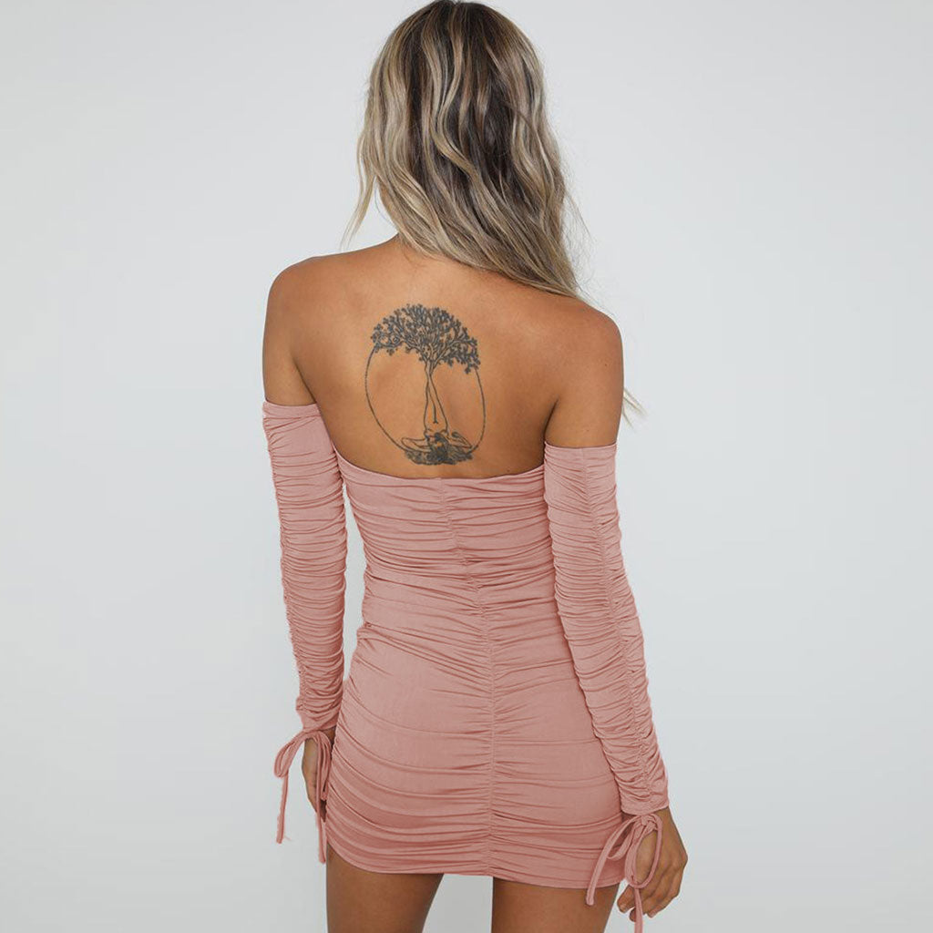 Off Shoulder Long Sleeve Sweetheart Tie Front Diamond Cutout Ribbed Mini Dress