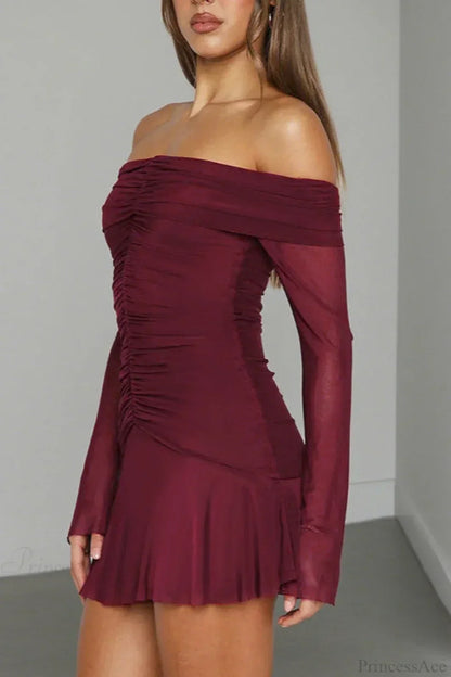 Off Shoulder Ruched Mesh Long Sleeve Flared Mini Dress