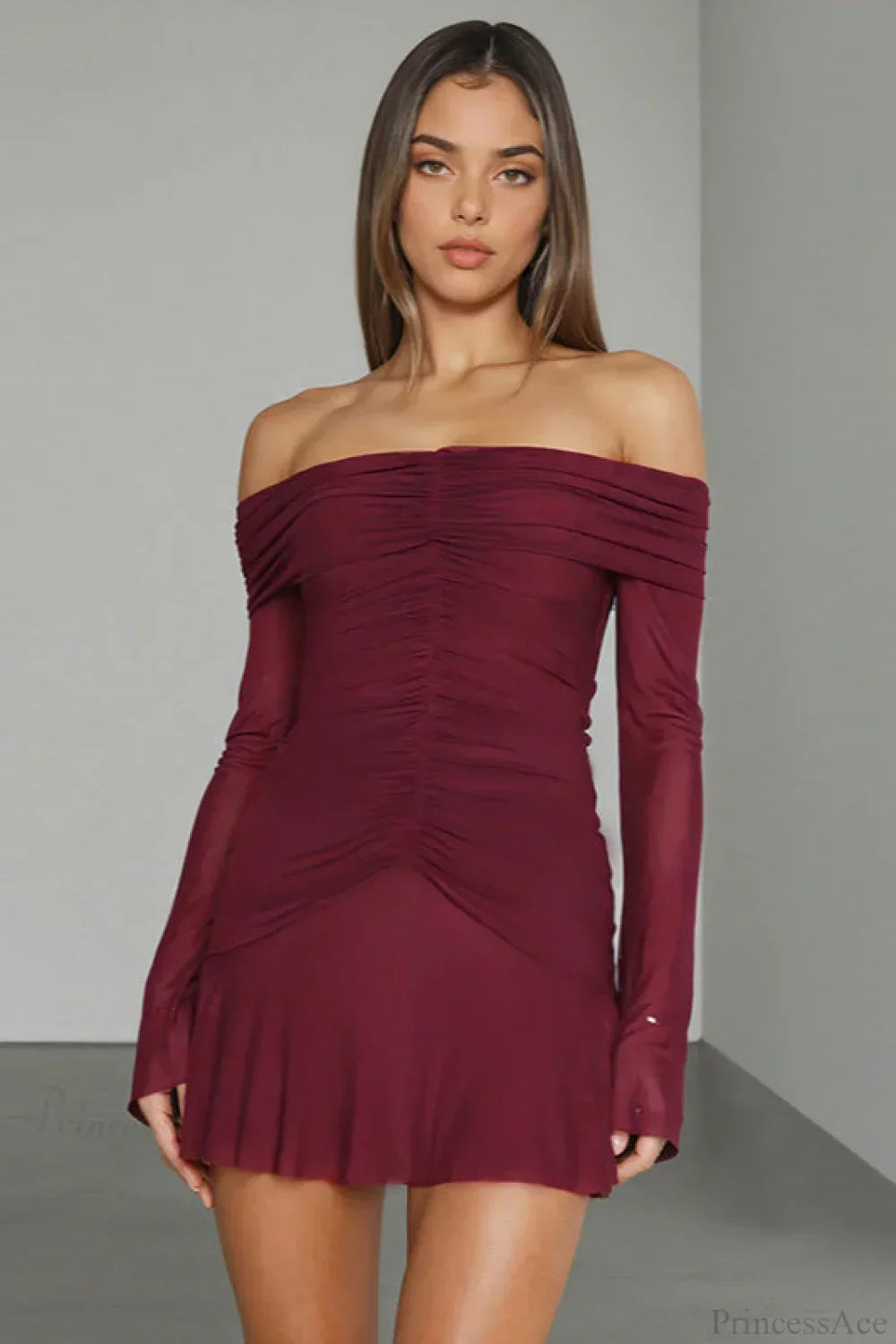 Off Shoulder Ruched Mesh Long Sleeve Flared Mini Dress