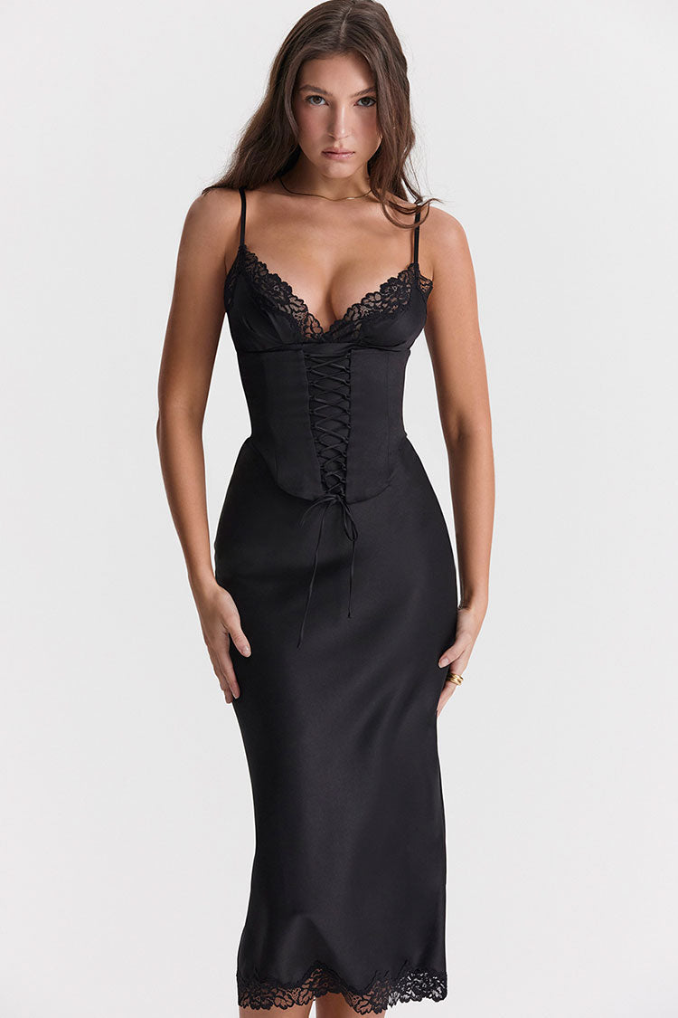 Lace Up Corset V Neck Lace Trim Satin Slip Midi Dress
