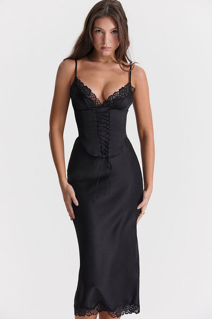 Lace Up Corset V Neck Lace Trim Satin Slip Midi Dress