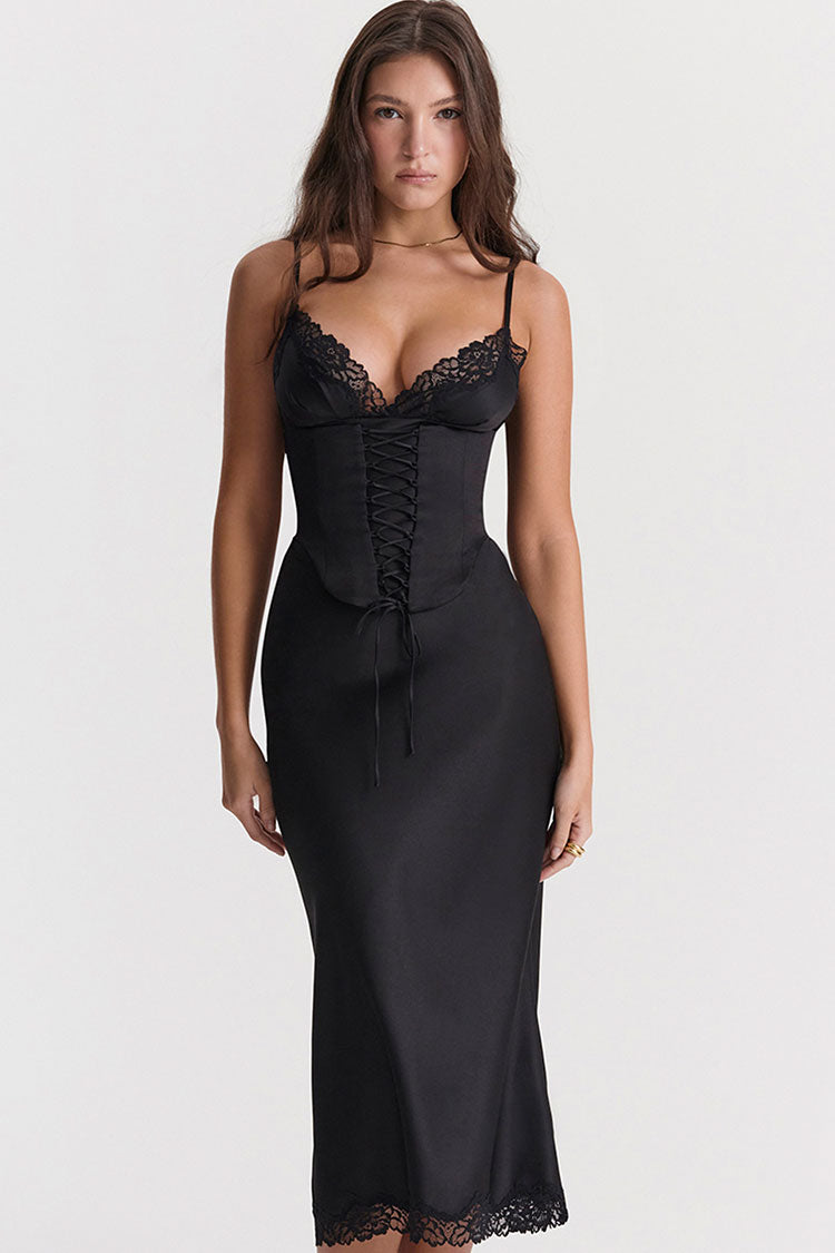 Lace Up Corset V Neck Lace Trim Satin Slip Midi Dress