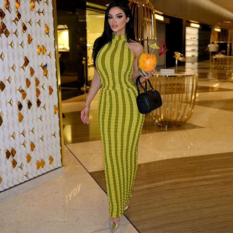 Mock Neck Sleeveless Ribbed Popcorn Knit Stripe Bodycon Maxi Dress
