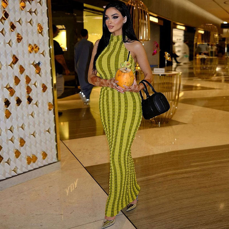 Mock Neck Sleeveless Ribbed Popcorn Knit Stripe Bodycon Maxi Dress