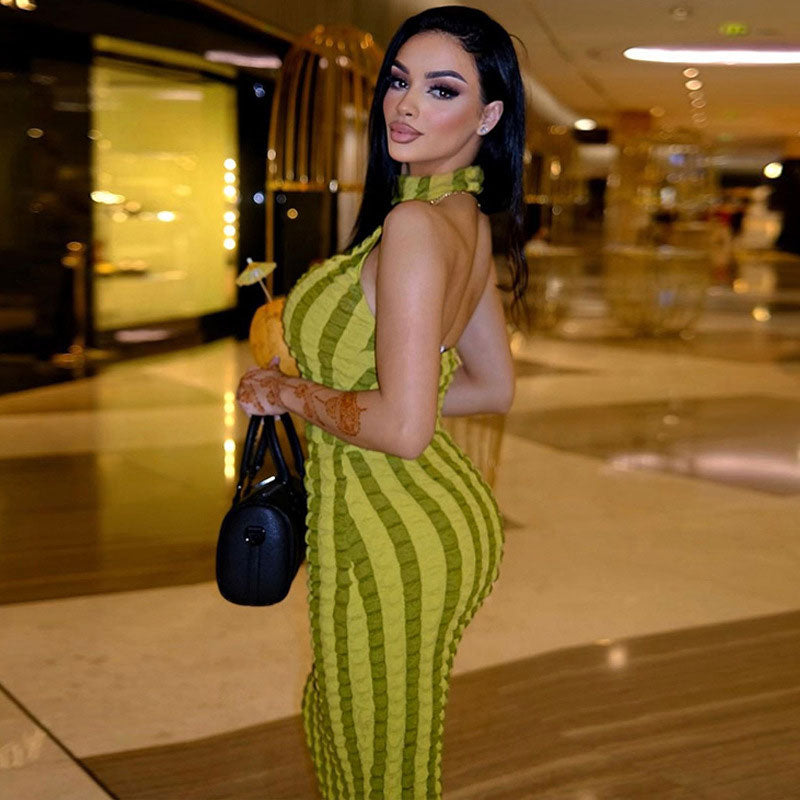 Mock Neck Sleeveless Ribbed Popcorn Knit Stripe Bodycon Maxi Dress