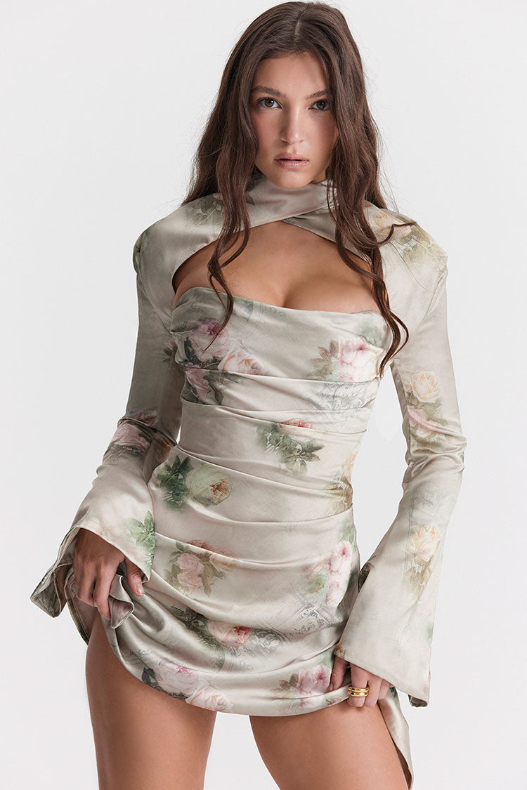 Floral Print High Neck Chest Cutout Bell Sleeve Ruched Satin Mini Dress
