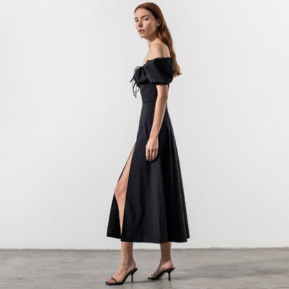 Off Shoulder Puff Sleeve Tie Front Keyhole High Slit Midi Dress