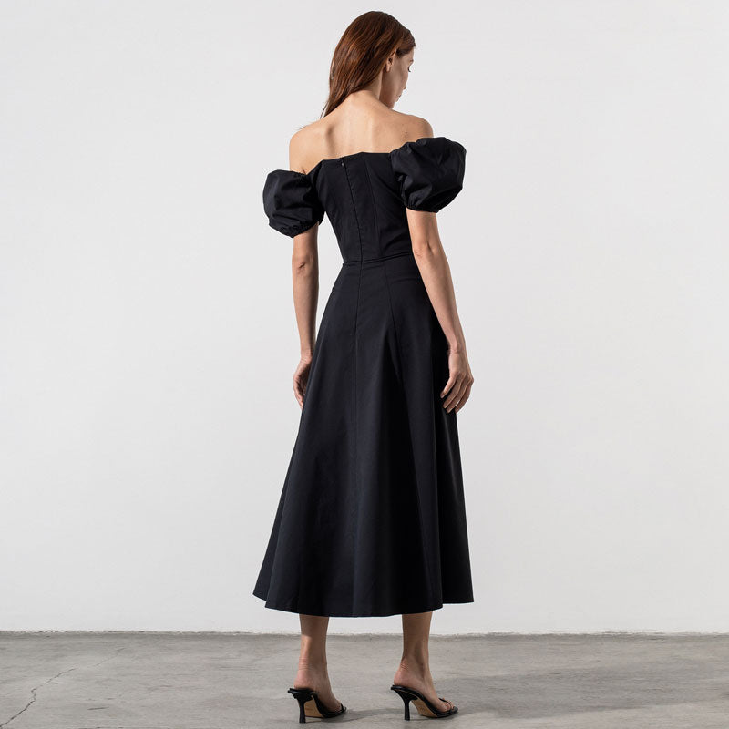 Off Shoulder Puff Sleeve Tie Front Keyhole High Slit Midi Dress