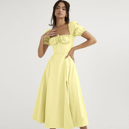 Square Neck Puff Sleeve Tie Front High Slit Midi Dress