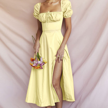 Square Neck Puff Sleeve Tie Front High Slit Midi Dress